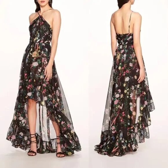 NWT Marchesa Notte Flowering Floral Keyhole High Low Gown Black Combo Size 6 - Picture 1 of 16